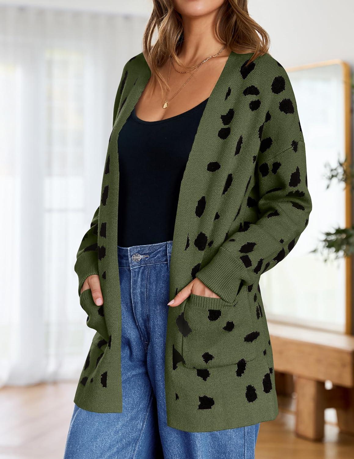 imageZESICA Womens Fall Winter Long Sleeves Open Front Leopard Print Knitted Sweater Cardigan Coat OutwearArmygreen