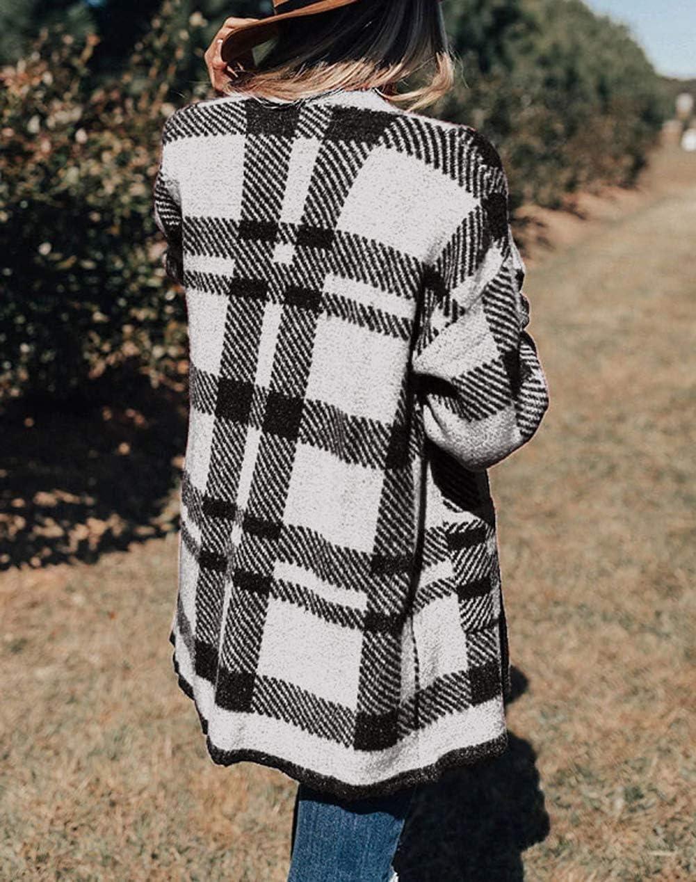 imageZESICA Womens Fall Winter Long Sleeves Open Front Leopard Print Knitted Sweater Cardigan Coat OutwearBlack Plaid