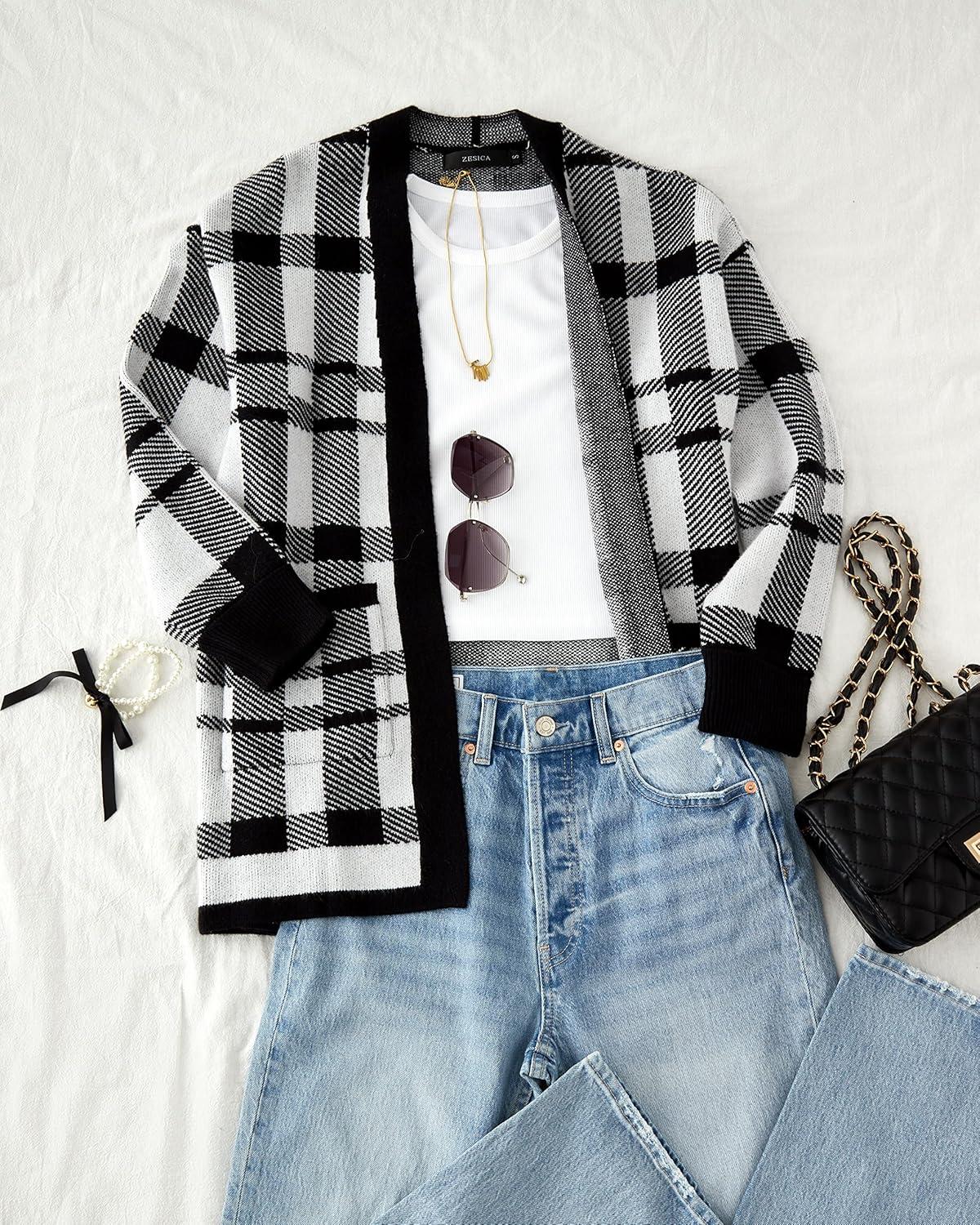 imageZESICA Womens Fall Winter Long Sleeves Open Front Leopard Print Knitted Sweater Cardigan Coat OutwearBlack Plaid