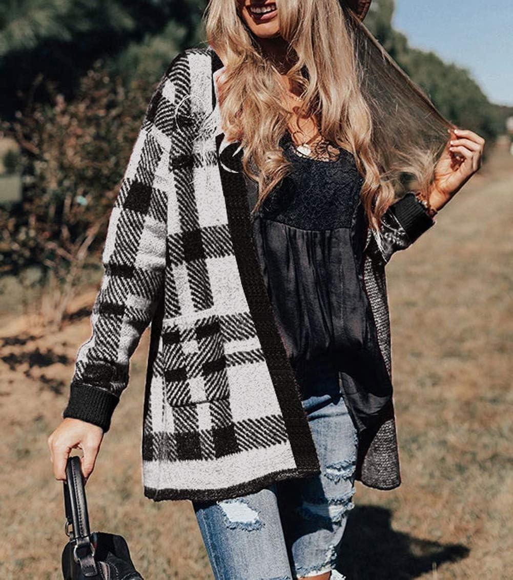 imageZESICA Womens Fall Winter Long Sleeves Open Front Leopard Print Knitted Sweater Cardigan Coat OutwearBlack Plaid