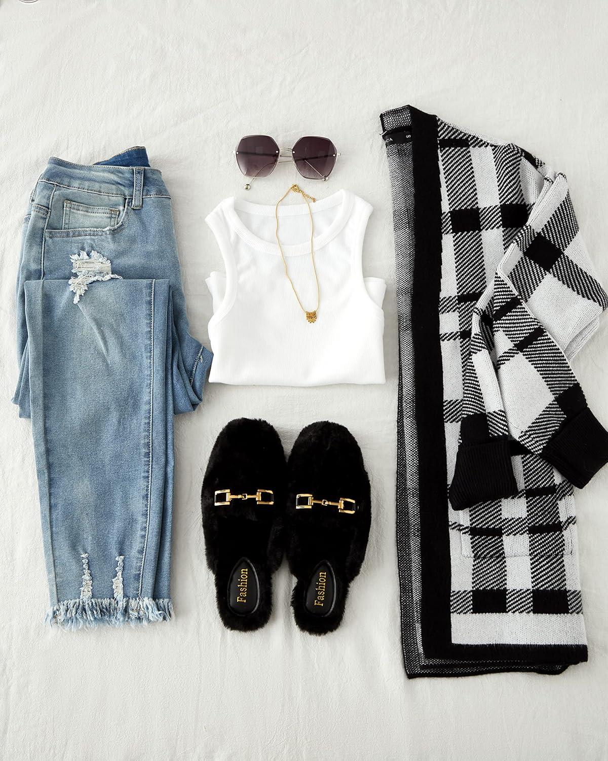 imageZESICA Womens Fall Winter Long Sleeves Open Front Leopard Print Knitted Sweater Cardigan Coat OutwearBlack Plaid