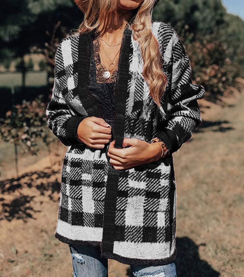 imageZESICA Womens Fall Winter Long Sleeves Open Front Leopard Print Knitted Sweater Cardigan Coat OutwearBlack Plaid