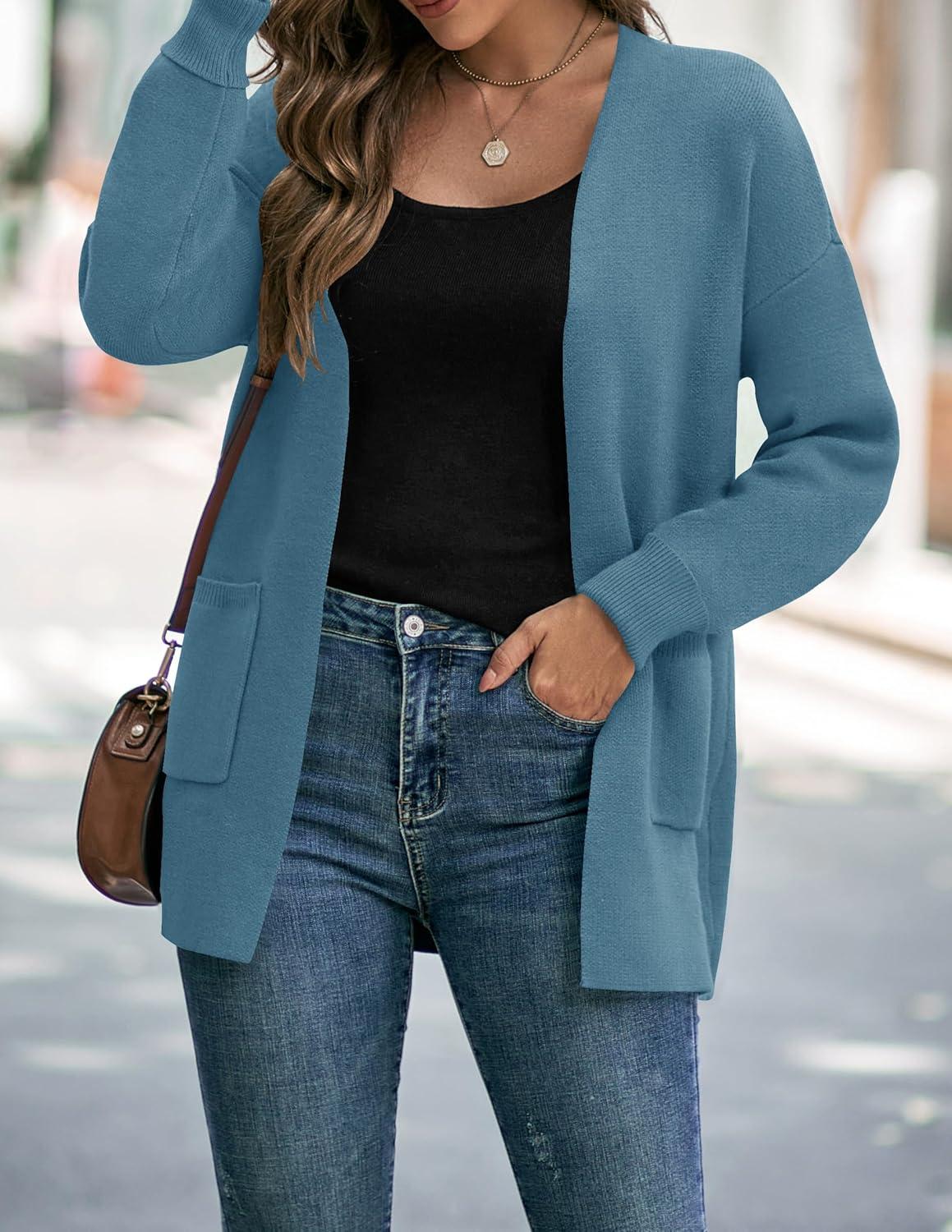 imageZESICA Womens Fall Winter Long Sleeves Open Front Leopard Print Knitted Sweater Cardigan Coat OutwearDustyblue