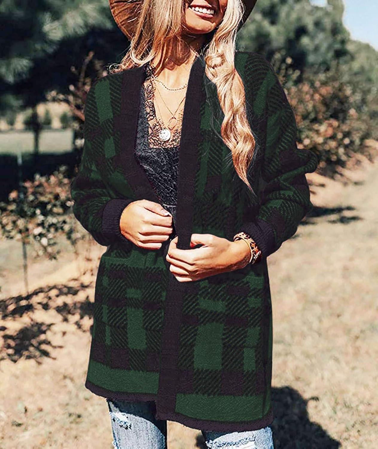 imageZESICA Womens Fall Winter Long Sleeves Open Front Leopard Print Knitted Sweater Cardigan Coat OutwearGreenplaid