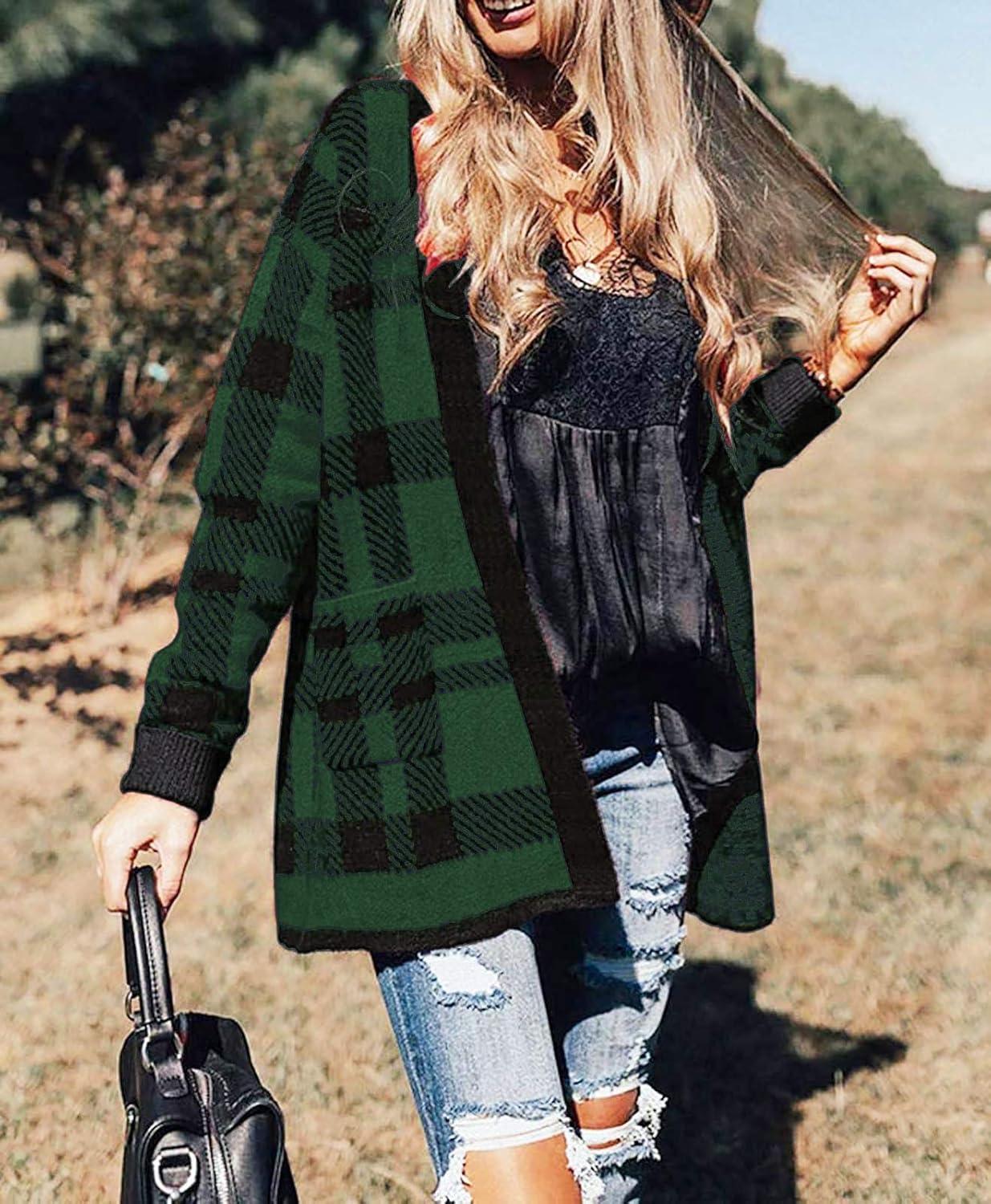 imageZESICA Womens Fall Winter Long Sleeves Open Front Leopard Print Knitted Sweater Cardigan Coat OutwearGreenplaid