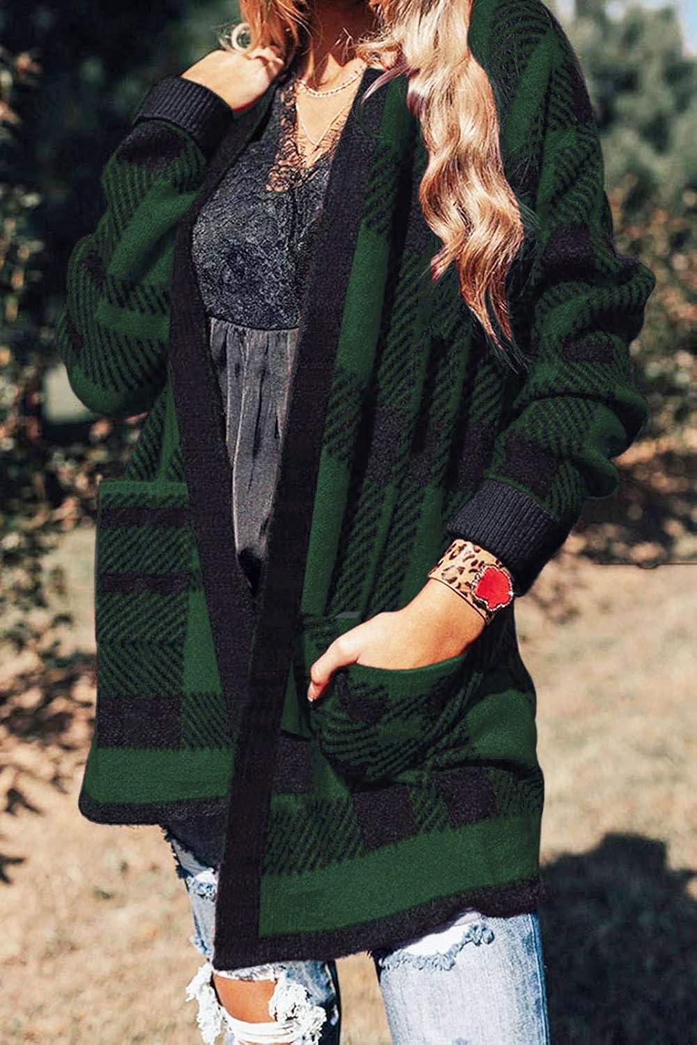 imageZESICA Womens Fall Winter Long Sleeves Open Front Leopard Print Knitted Sweater Cardigan Coat OutwearGreenplaid