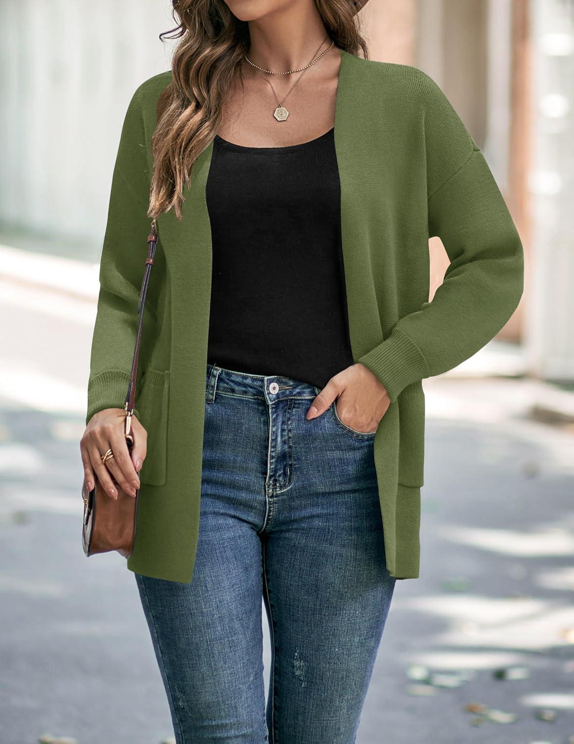 imageZESICA Womens Fall Winter Long Sleeves Open Front Leopard Print Knitted Sweater Cardigan Coat OutwearOlive