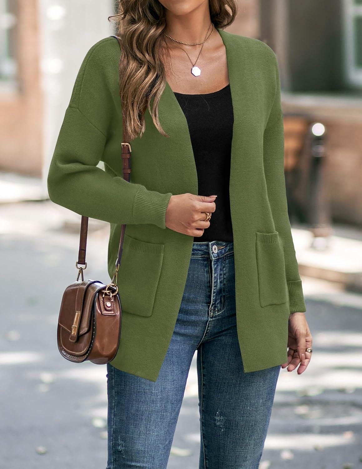 imageZESICA Womens Fall Winter Long Sleeves Open Front Leopard Print Knitted Sweater Cardigan Coat OutwearOlive