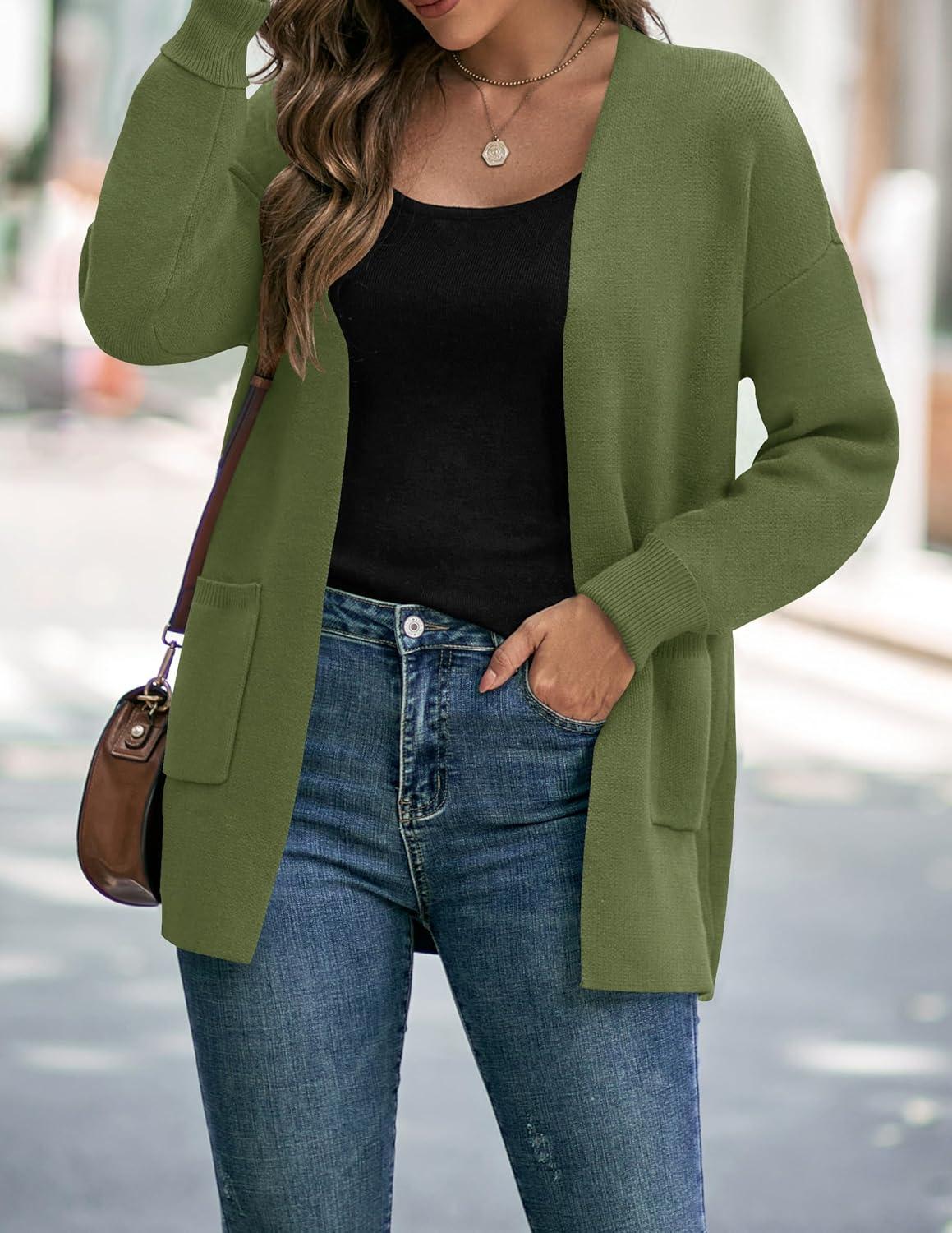 imageZESICA Womens Fall Winter Long Sleeves Open Front Leopard Print Knitted Sweater Cardigan Coat OutwearOlive