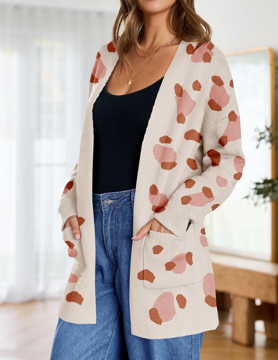 imageZESICA Womens Fall Winter Long Sleeves Open Front Leopard Print Knitted Sweater Cardigan Coat OutwearOrange