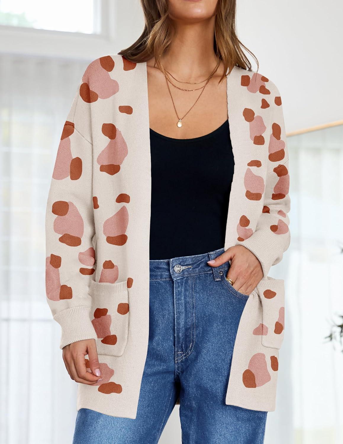 imageZESICA Womens Fall Winter Long Sleeves Open Front Leopard Print Knitted Sweater Cardigan Coat OutwearOrange