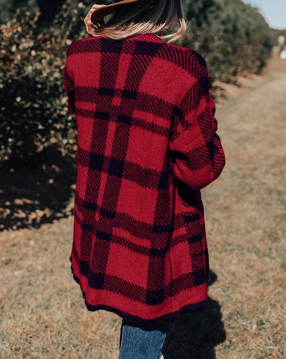 imageZESICA Womens Fall Winter Long Sleeves Open Front Leopard Print Knitted Sweater Cardigan Coat OutwearRed Plaid