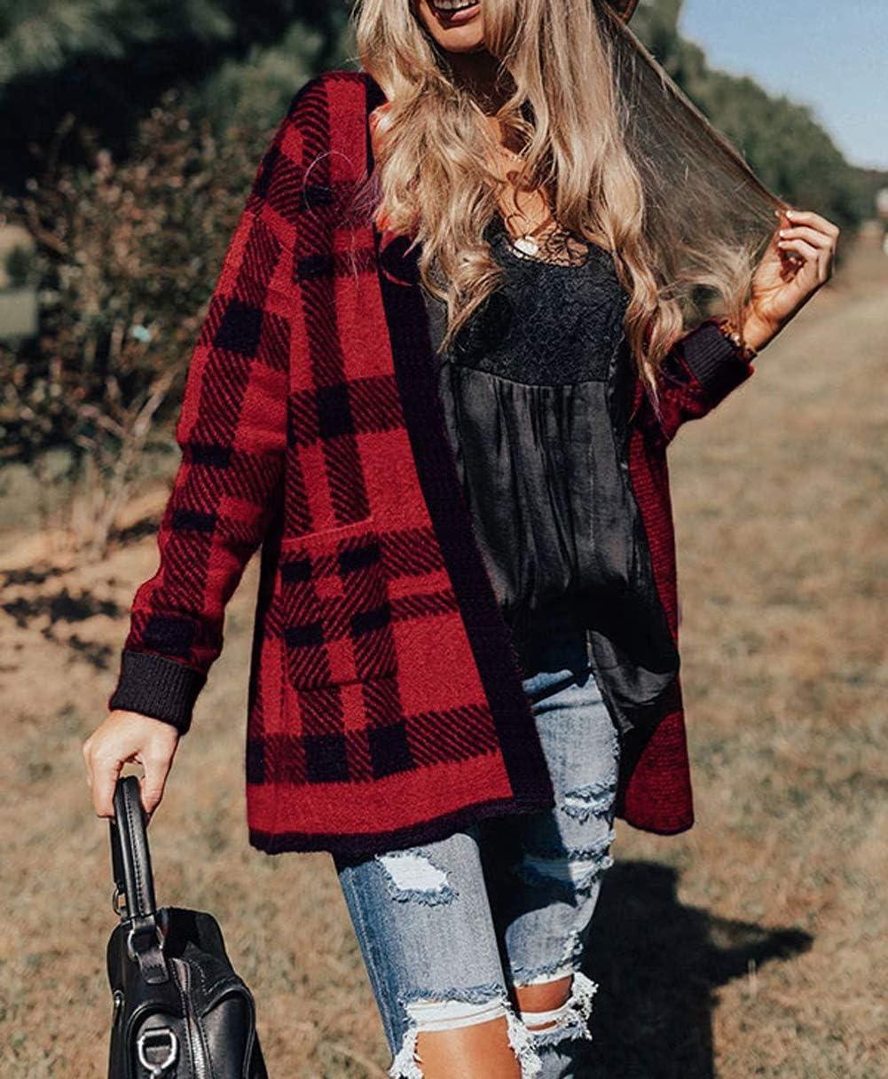 imageZESICA Womens Fall Winter Long Sleeves Open Front Leopard Print Knitted Sweater Cardigan Coat OutwearRed Plaid