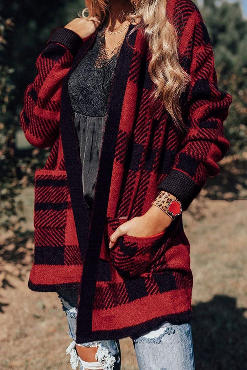 imageZESICA Womens Fall Winter Long Sleeves Open Front Leopard Print Knitted Sweater Cardigan Coat OutwearRed Plaid