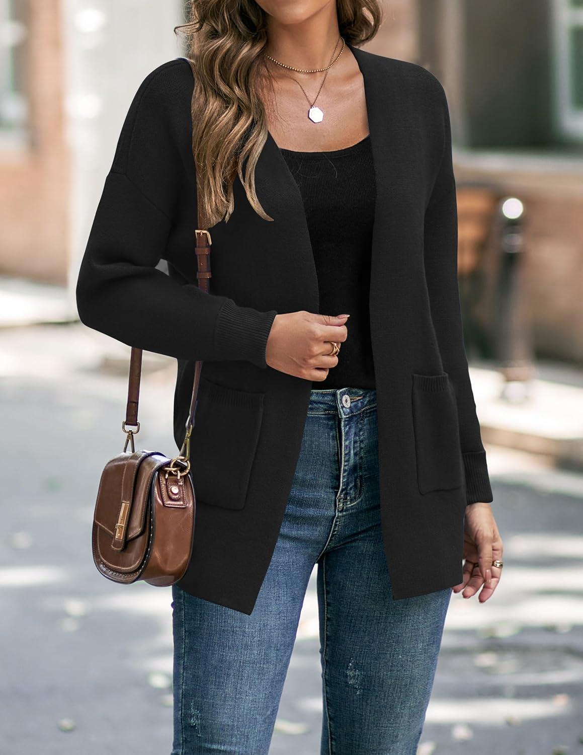 imageZESICA Womens Fall Winter Long Sleeves Open Front Leopard Print Knitted Sweater Cardigan Coat OutwearSolid Black