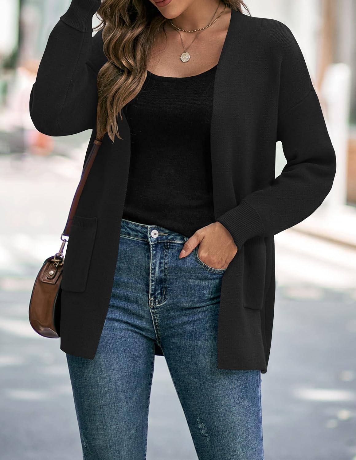 imageZESICA Womens Fall Winter Long Sleeves Open Front Leopard Print Knitted Sweater Cardigan Coat OutwearSolid Black