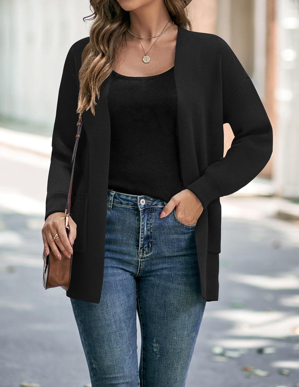 imageZESICA Womens Fall Winter Long Sleeves Open Front Leopard Print Knitted Sweater Cardigan Coat OutwearSolid Black