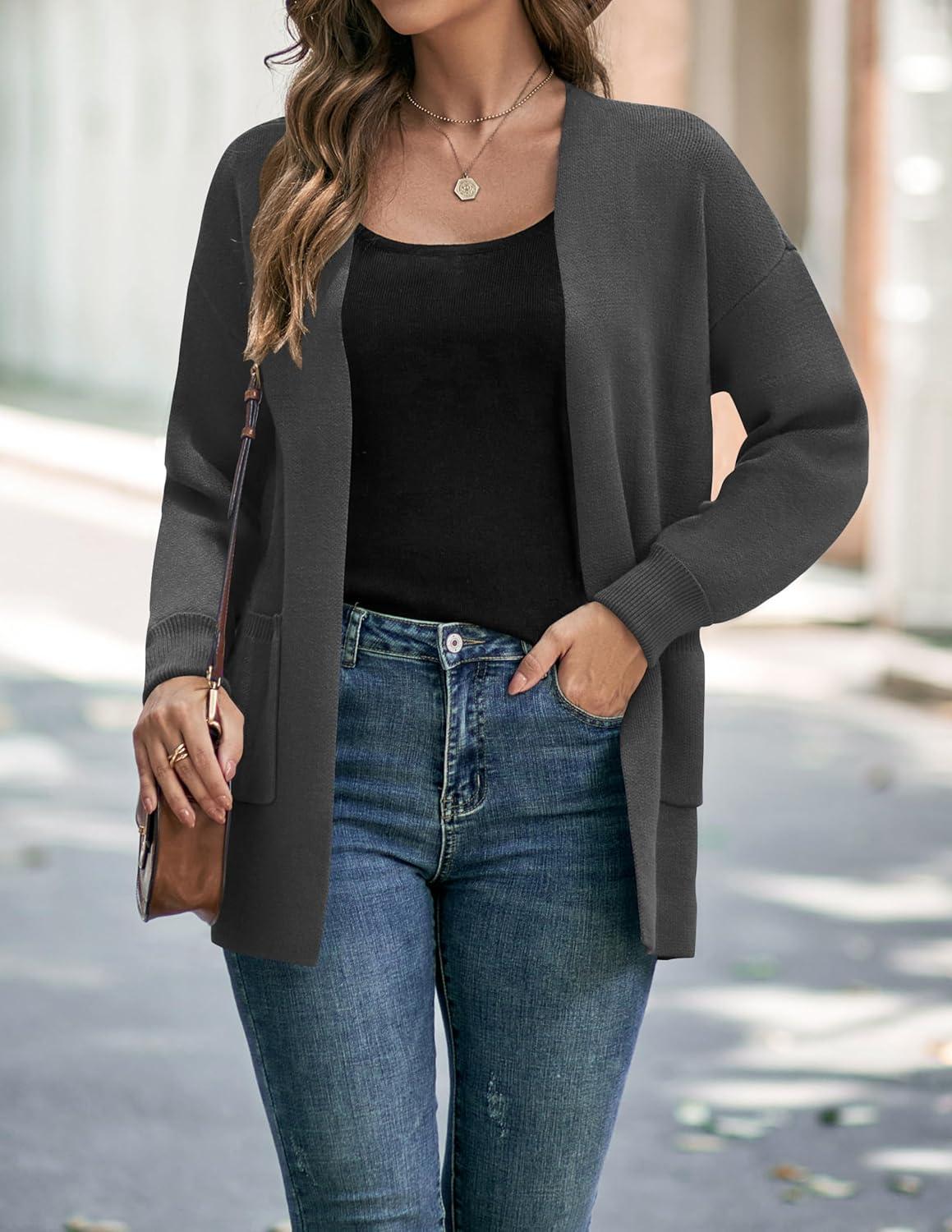 imageZESICA Womens Fall Winter Long Sleeves Open Front Leopard Print Knitted Sweater Cardigan Coat OutwearSolid Grey