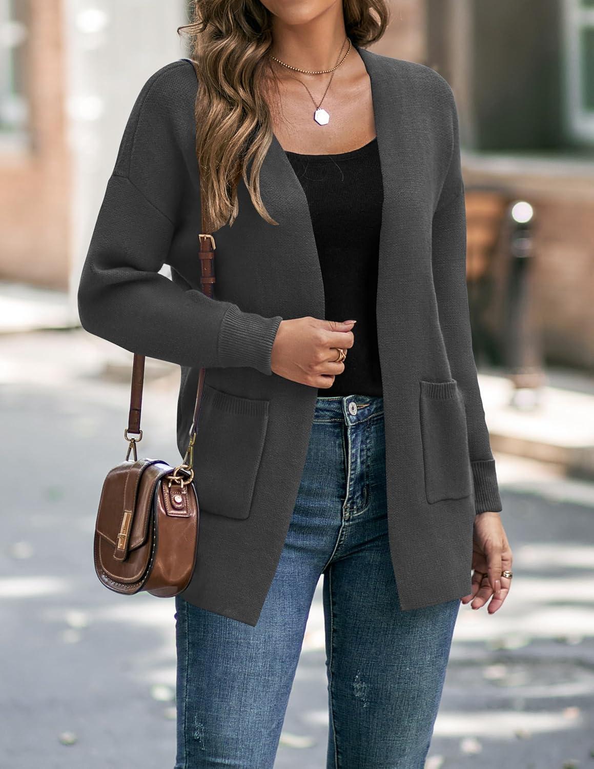 imageZESICA Womens Fall Winter Long Sleeves Open Front Leopard Print Knitted Sweater Cardigan Coat OutwearSolid Grey