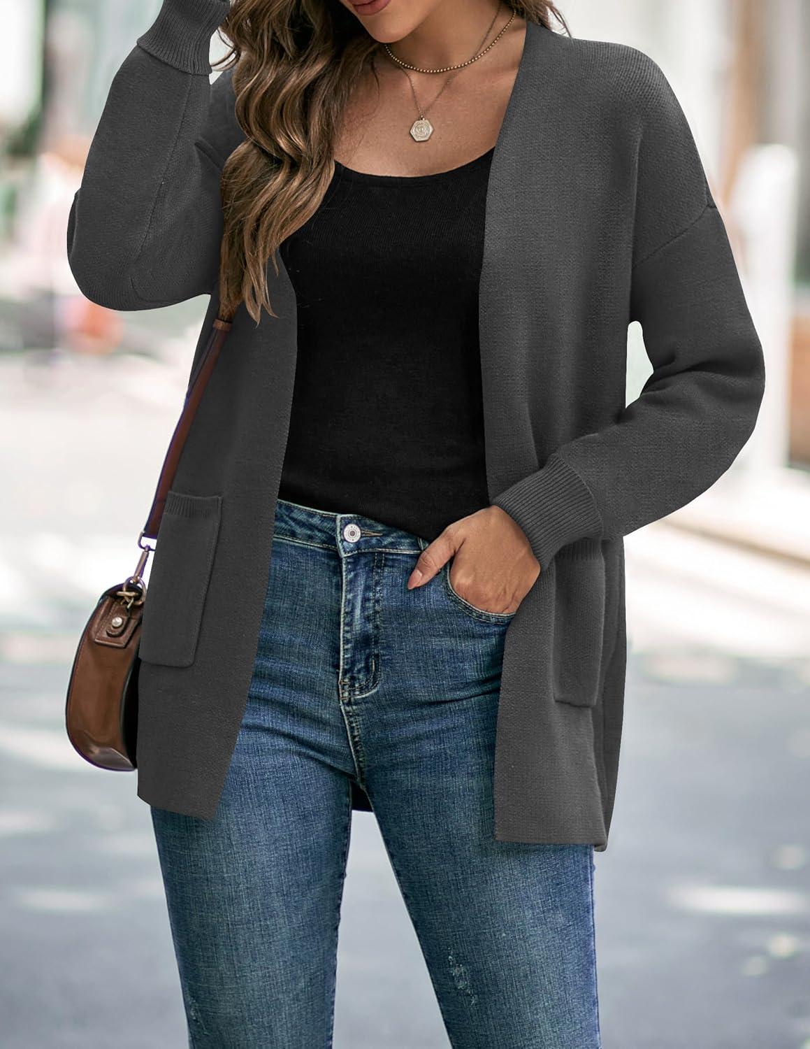 imageZESICA Womens Fall Winter Long Sleeves Open Front Leopard Print Knitted Sweater Cardigan Coat OutwearSolid Grey