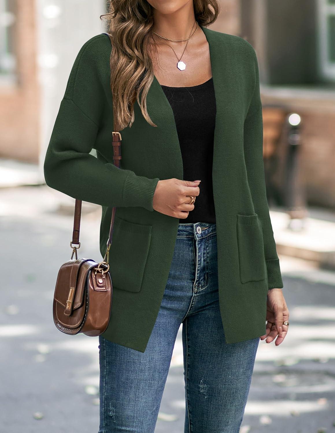 imageZESICA Womens Fall Winter Long Sleeves Open Front Leopard Print Knitted Sweater Cardigan Coat OutwearSolidgreen