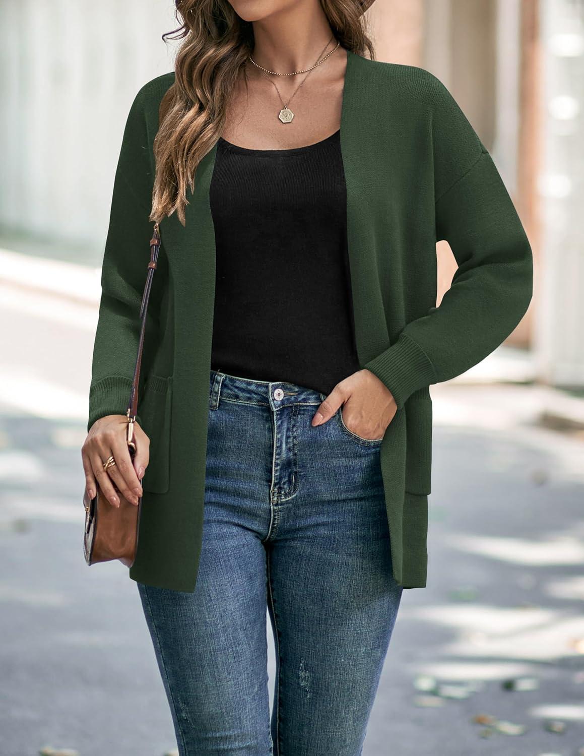 imageZESICA Womens Fall Winter Long Sleeves Open Front Leopard Print Knitted Sweater Cardigan Coat OutwearSolidgreen