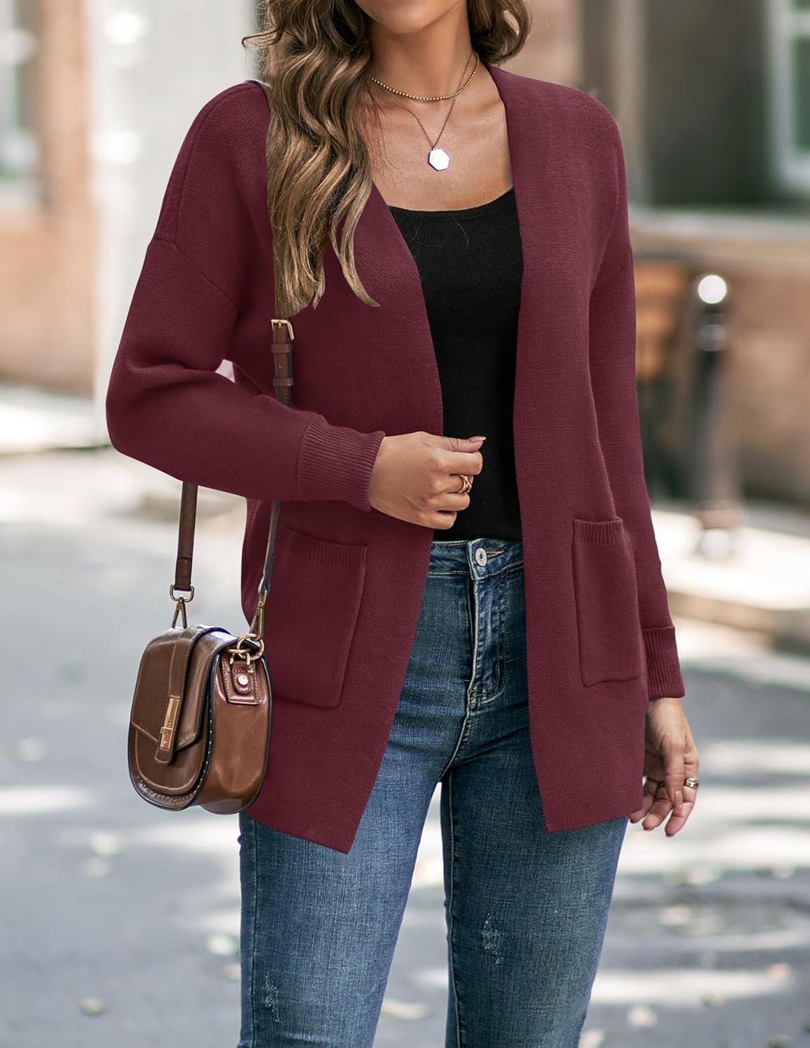 imageZESICA Womens Fall Winter Long Sleeves Open Front Leopard Print Knitted Sweater Cardigan Coat OutwearSolidwine