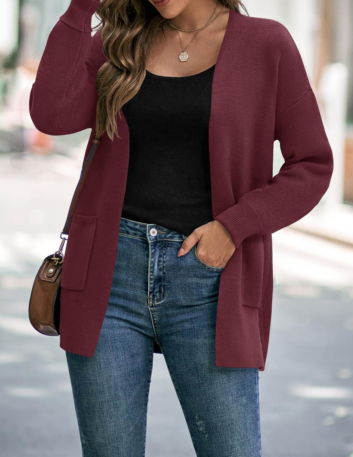 imageZESICA Womens Fall Winter Long Sleeves Open Front Leopard Print Knitted Sweater Cardigan Coat OutwearSolidwine