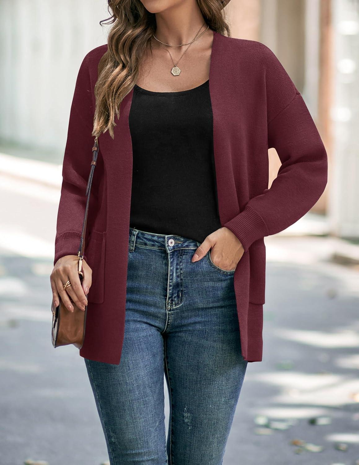 imageZESICA Womens Fall Winter Long Sleeves Open Front Leopard Print Knitted Sweater Cardigan Coat OutwearSolidwine