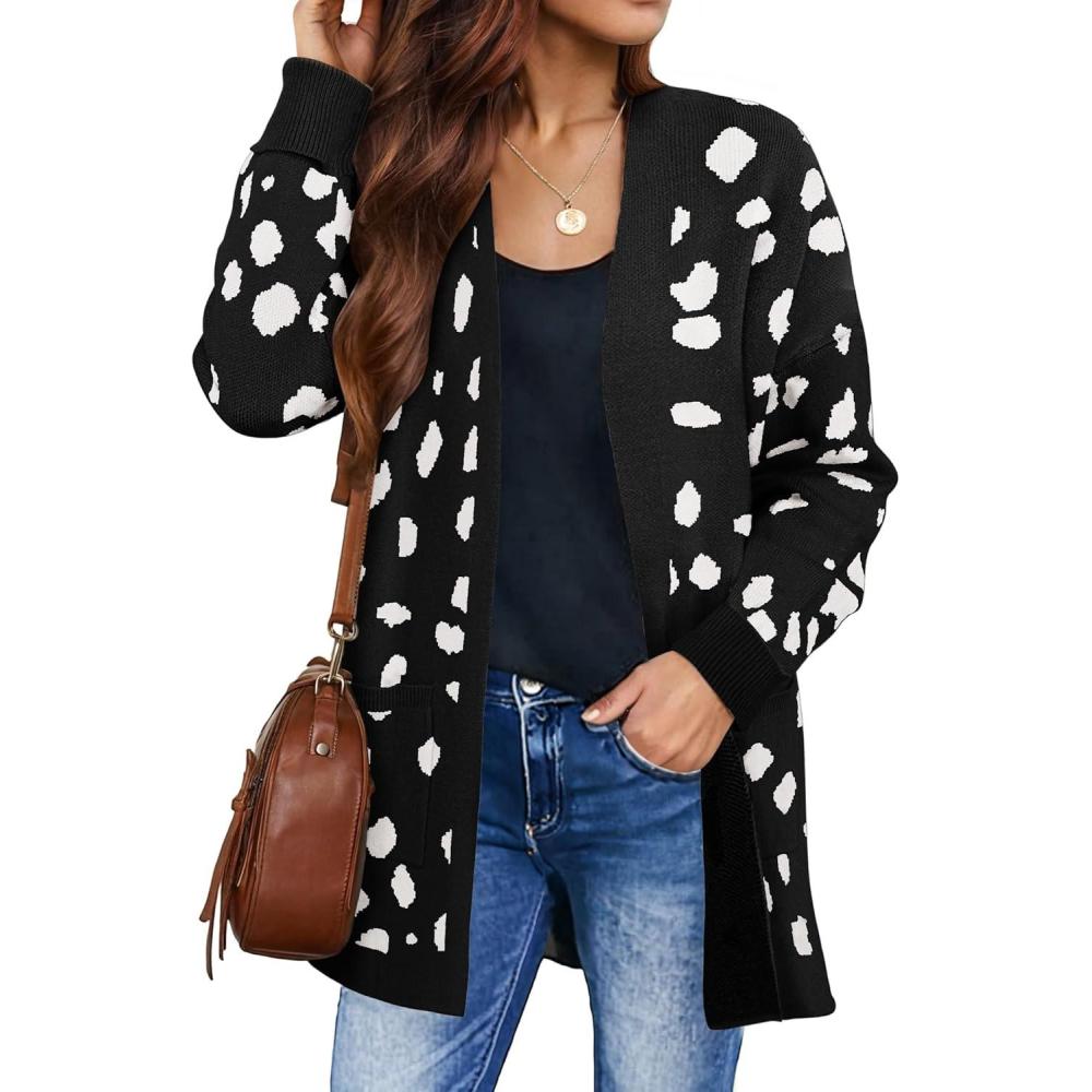 imageZESICA Womens Fall Winter Long Sleeves Open Front Leopard Print Knitted Sweater Cardigan Coat OutwearA Black