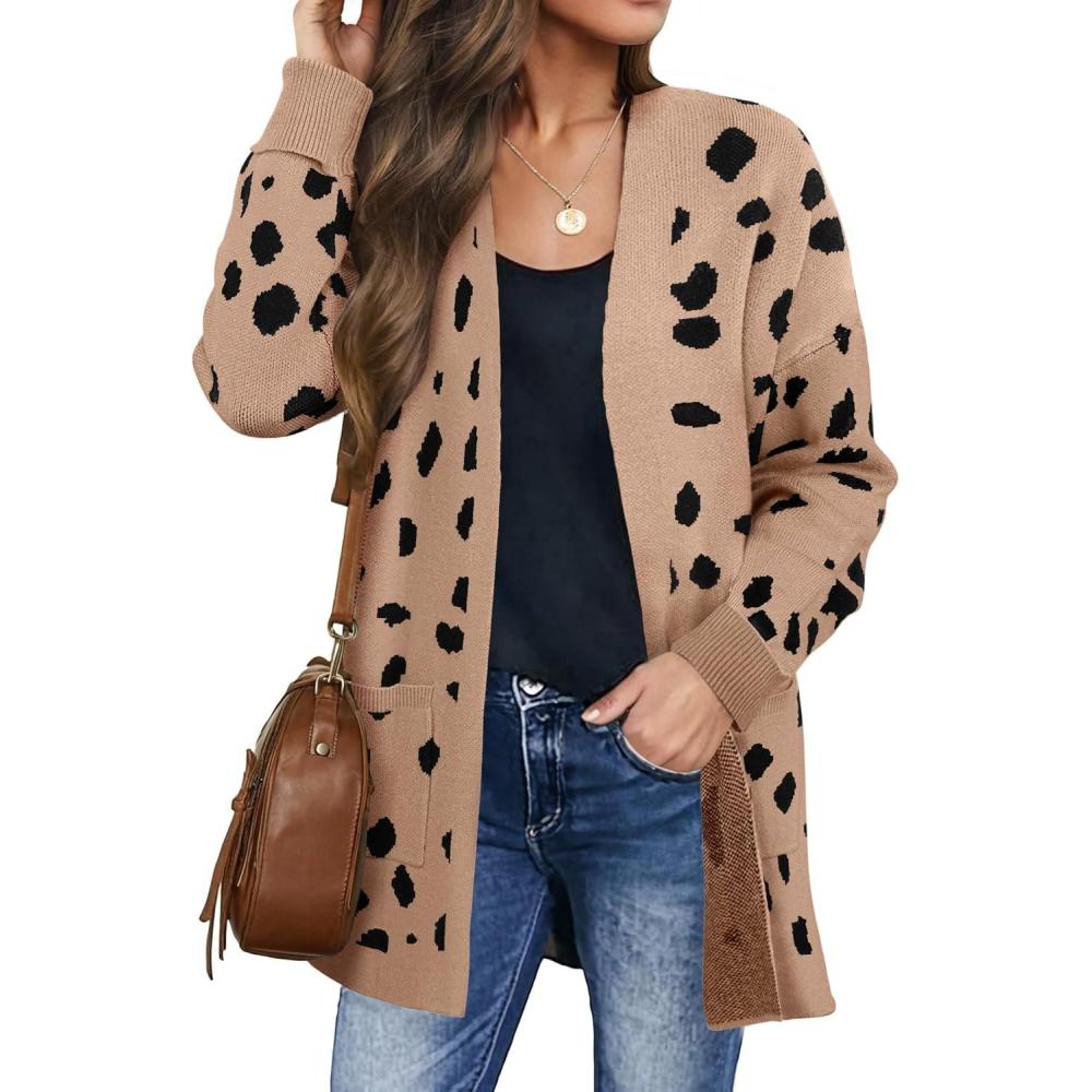 imageZESICA Womens Fall Winter Long Sleeves Open Front Leopard Print Knitted Sweater Cardigan Coat OutwearA Khaki