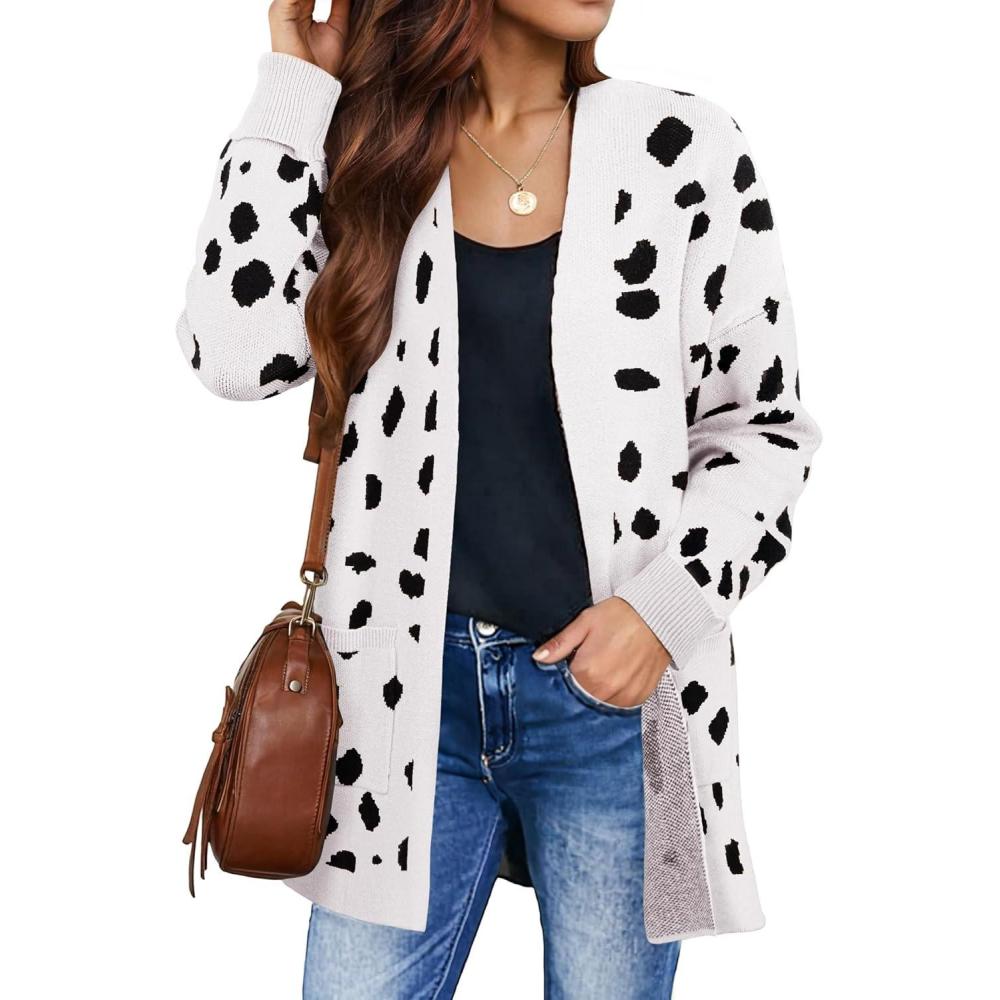 imageZESICA Womens Fall Winter Long Sleeves Open Front Leopard Print Knitted Sweater Cardigan Coat OutwearA White