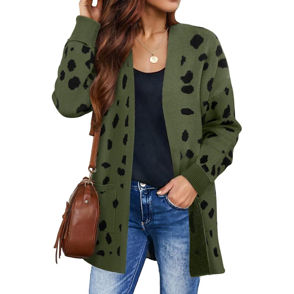 imageZESICA Womens Fall Winter Long Sleeves Open Front Leopard Print Knitted Sweater Cardigan Coat OutwearArmygreen
