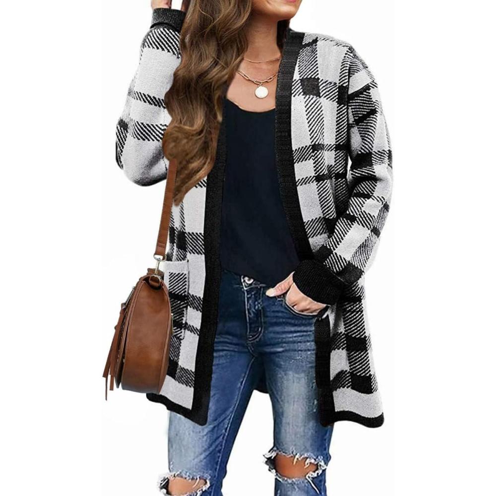 imageZESICA Womens Fall Winter Long Sleeves Open Front Leopard Print Knitted Sweater Cardigan Coat OutwearBlack Plaid