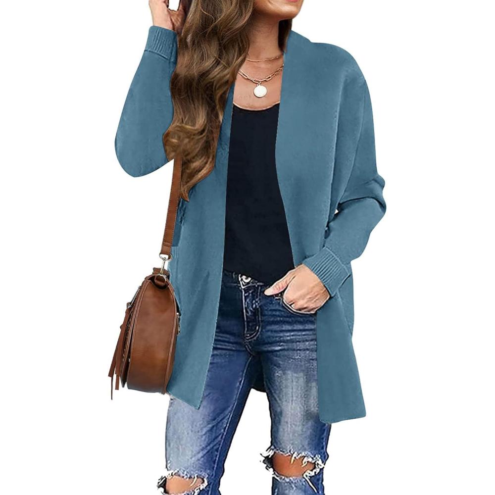 imageZESICA Womens Fall Winter Long Sleeves Open Front Leopard Print Knitted Sweater Cardigan Coat OutwearDustyblue