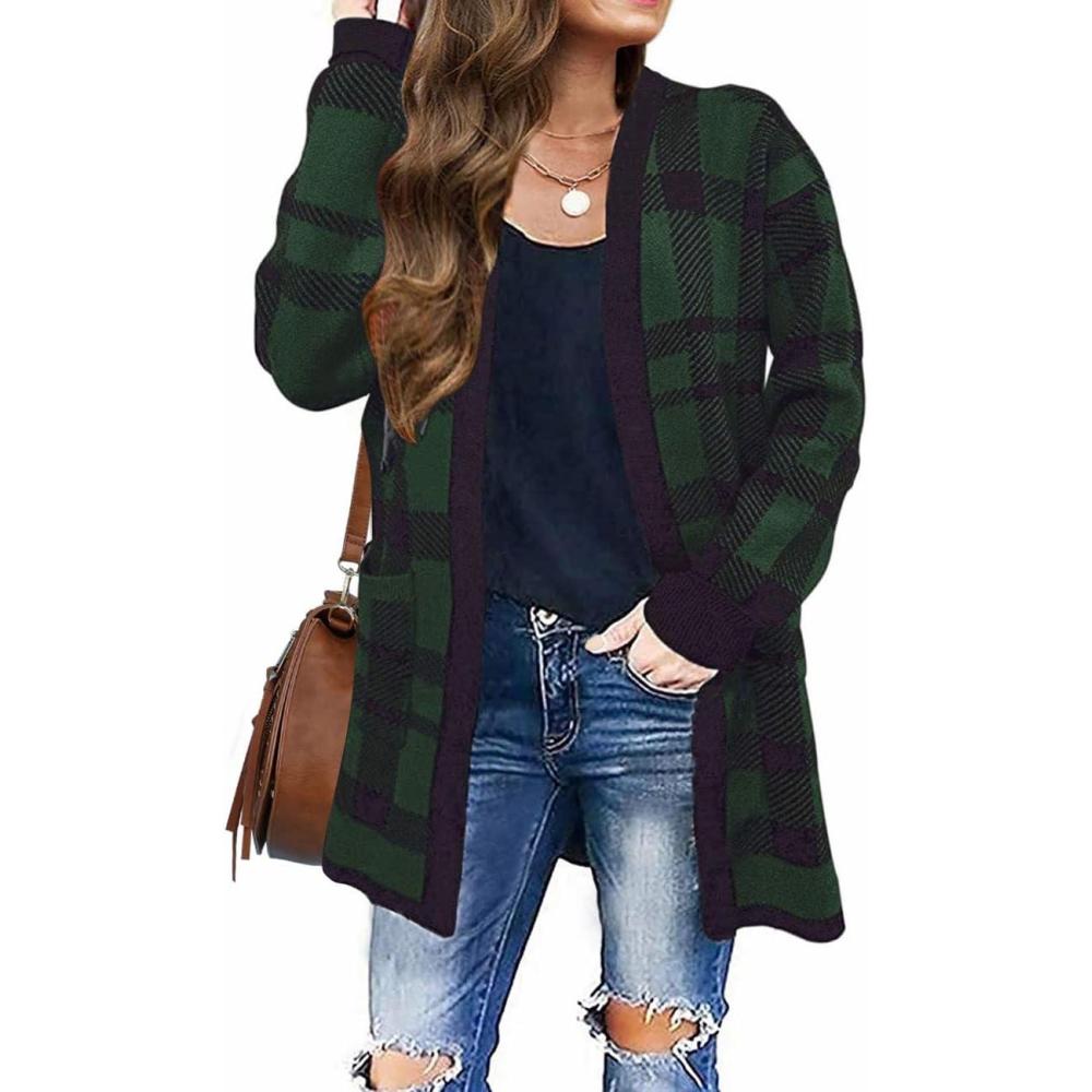 imageZESICA Womens Fall Winter Long Sleeves Open Front Leopard Print Knitted Sweater Cardigan Coat OutwearGreenplaid