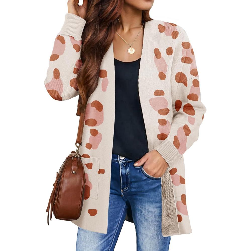 imageZESICA Womens Fall Winter Long Sleeves Open Front Leopard Print Knitted Sweater Cardigan Coat OutwearOrange