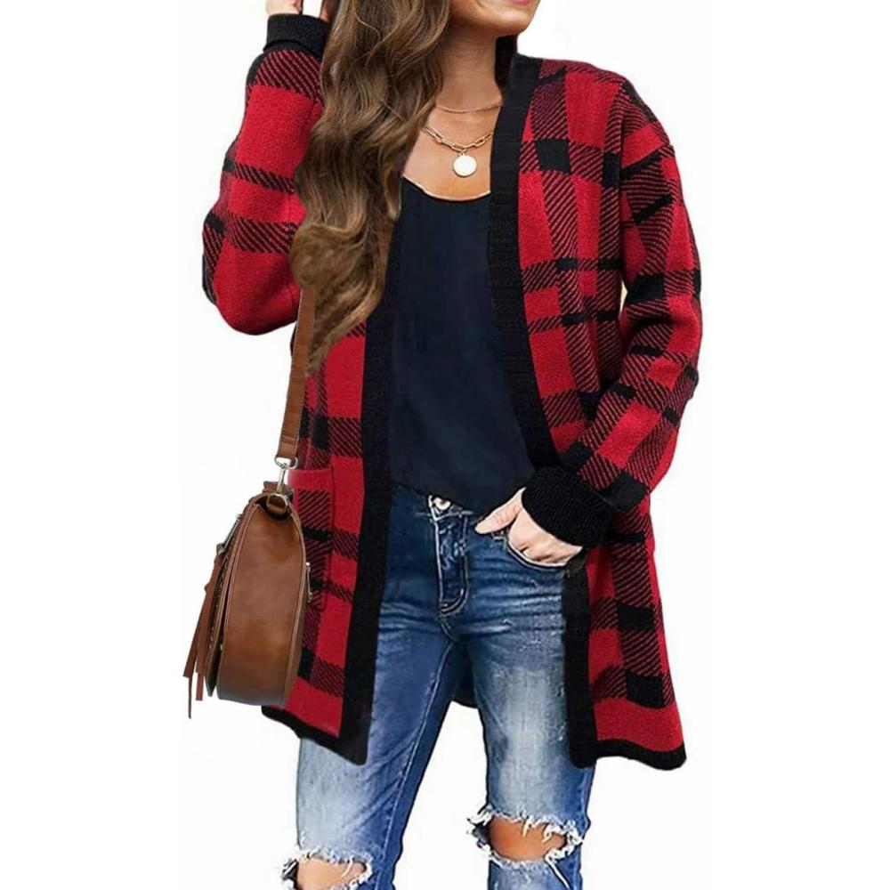 imageZESICA Womens Fall Winter Long Sleeves Open Front Leopard Print Knitted Sweater Cardigan Coat OutwearRed Plaid