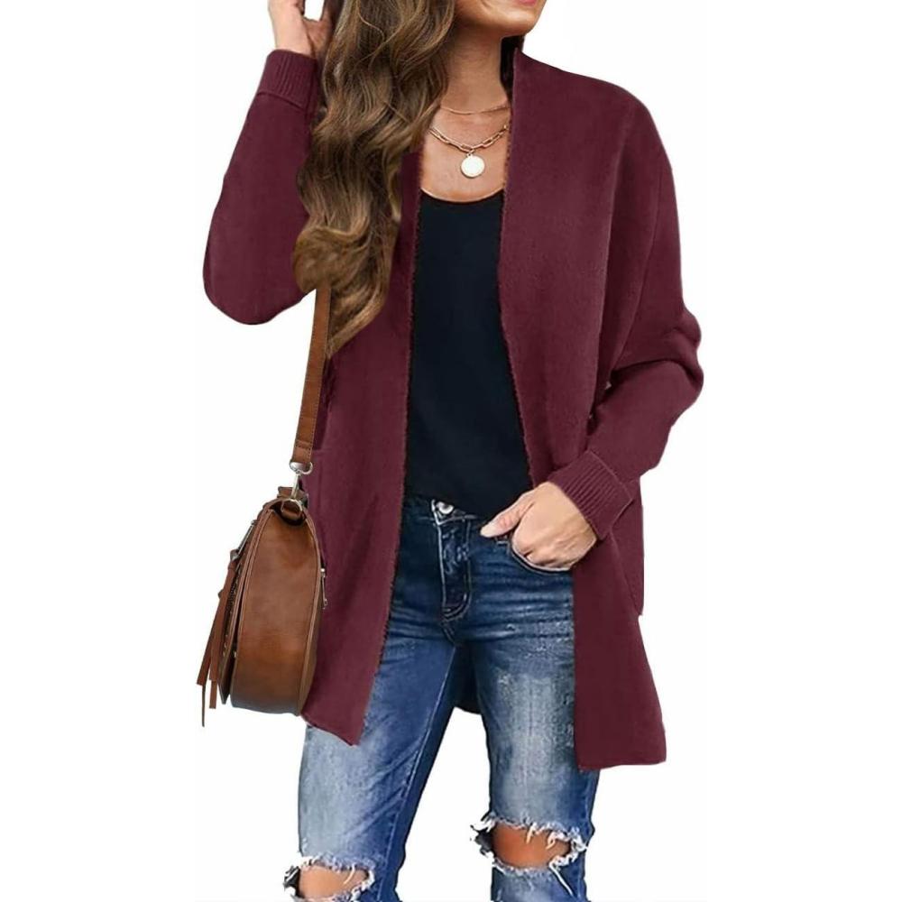 imageZESICA Womens Fall Winter Long Sleeves Open Front Leopard Print Knitted Sweater Cardigan Coat OutwearSolidwine