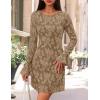 imageZESICA Fall Mini Dresses for Women 2025 Long Sleeve Floral Mesh Crewneck Bodycon Cocktail Party Club Short DressKhaki