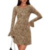 imageZESICA Fall Mini Dresses for Women 2025 Long Sleeve Floral Mesh Crewneck Bodycon Cocktail Party Club Short DressKhaki