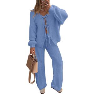 imageZESICA Womens 2 Piece Outfits Lounge Pajama Sets 2025 Fall Long Sleeve Cardigans Wide Leg Pants Matching Winter ClothesBlue