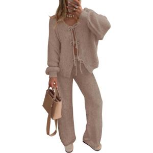 imageZESICA Womens 2 Piece Outfits Lounge Pajama Sets 2025 Fall Long Sleeve Cardigans Wide Leg Pants Matching Winter ClothesKhaki
