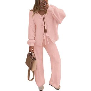 imageZESICA Womens 2 Piece Outfits Lounge Pajama Sets 2025 Fall Long Sleeve Cardigans Wide Leg Pants Matching Winter ClothesPink