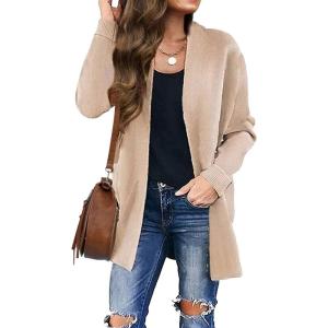 imageZESICA Womens Fall Winter Long Sleeves Open Front Leopard Print Knitted Sweater Cardigan Coat OutwearSolid Beige