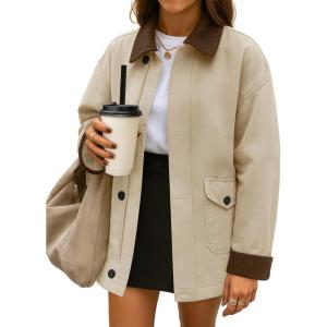 imageZESICA Womens Lightweight Trendy Jackets 2025 fall Contrast Collar Zip Up Cotton Oversized Casual Cargo Barn JacketApricot