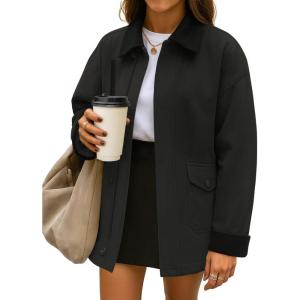 imageZESICA Womens Lightweight Trendy Jackets 2025 fall Contrast Collar Zip Up Cotton Oversized Casual Cargo Barn JacketBlack