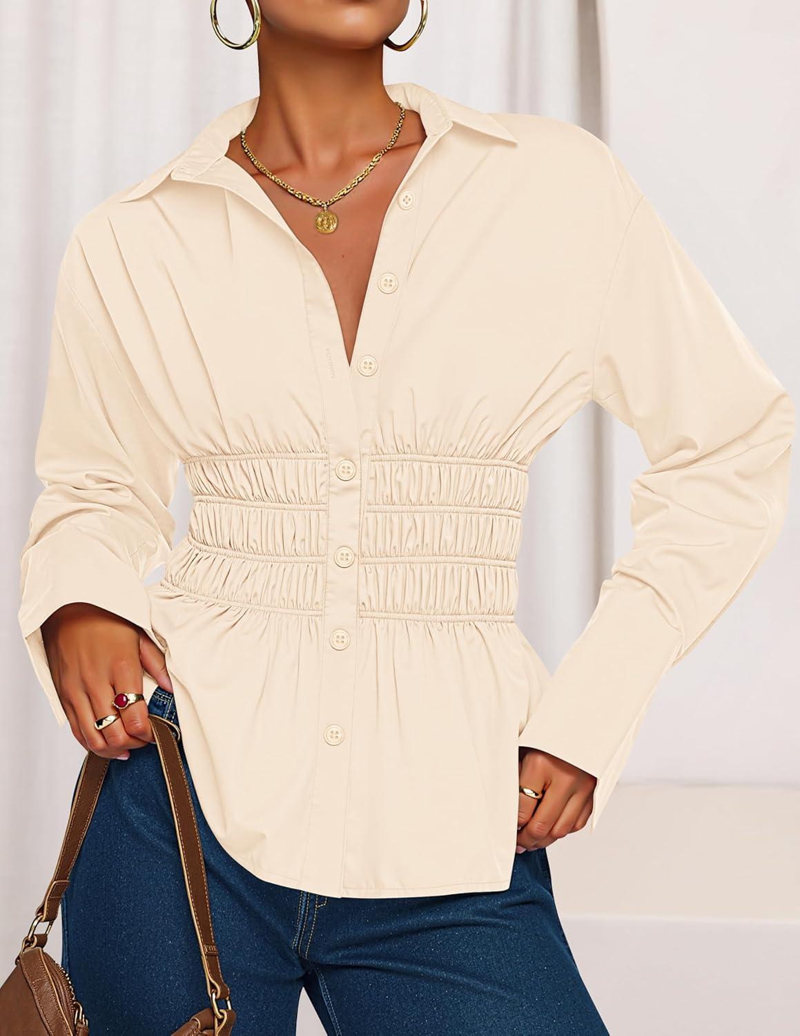 imageZESICA Womens 2025 Fall Long Sleeve Blouse Business Dressy Casual Button Down Shirts Peplum Tops Fashion Trendy ClothesApricot