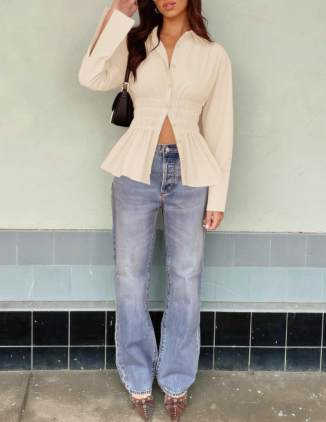 imageZESICA Womens 2025 Fall Long Sleeve Blouse Business Dressy Casual Button Down Shirts Peplum Tops Fashion Trendy ClothesApricot