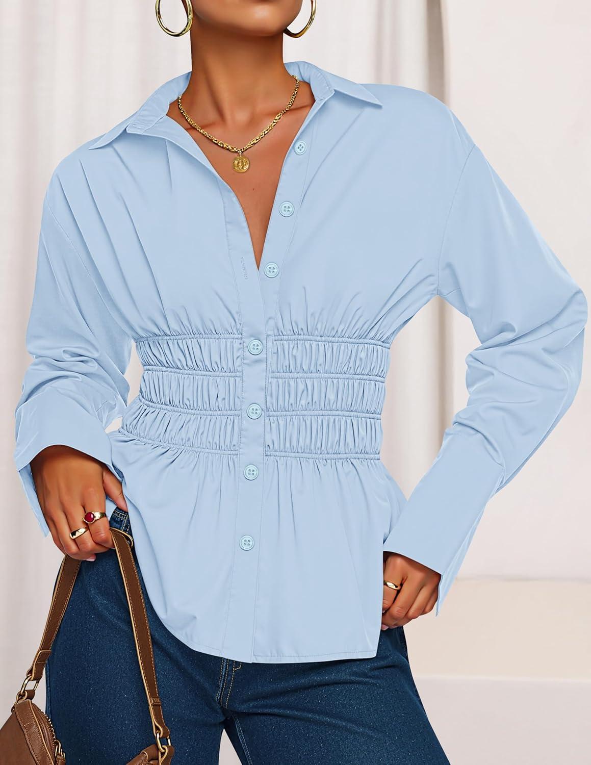 imageZESICA Womens 2025 Fall Long Sleeve Blouse Business Dressy Casual Button Down Shirts Peplum Tops Fashion Trendy ClothesBlue